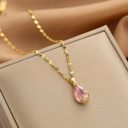 Aranyozott vízcsepp nyaklánc kehelyben - pink