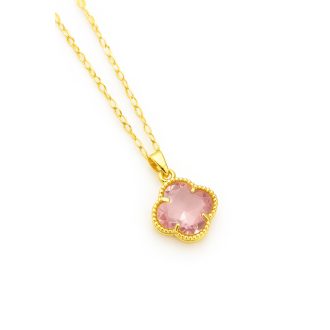 CRYSTAL pink four leaf nyaklánc, 18 karátos aranyozott