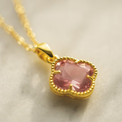 CRYSTAL pink clover nyaklánc, aranyozott