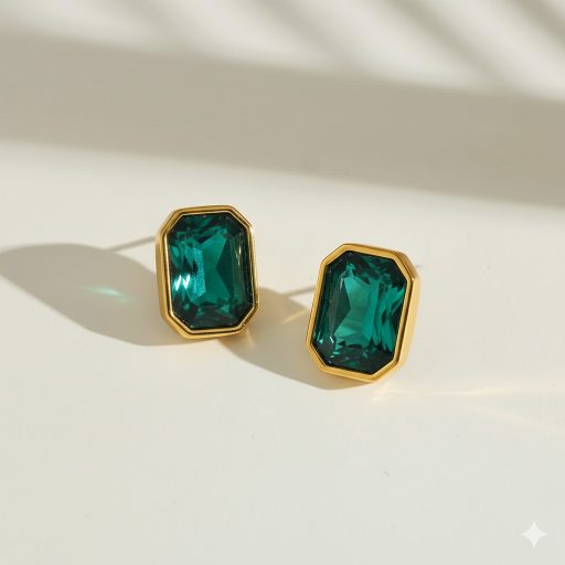 Birthstone fülbevaló - smaragdzöld, aranyozott
