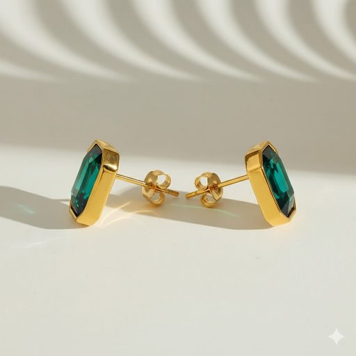 Birthstone fülbevaló - smaragdzöld, aranyozott