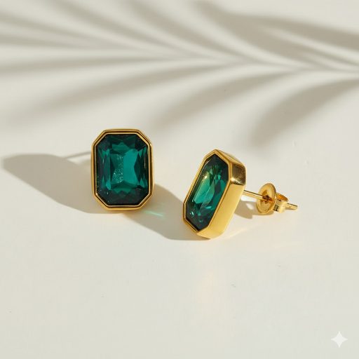 Birthstone fülbevaló - smaragdzöld, aranyozott